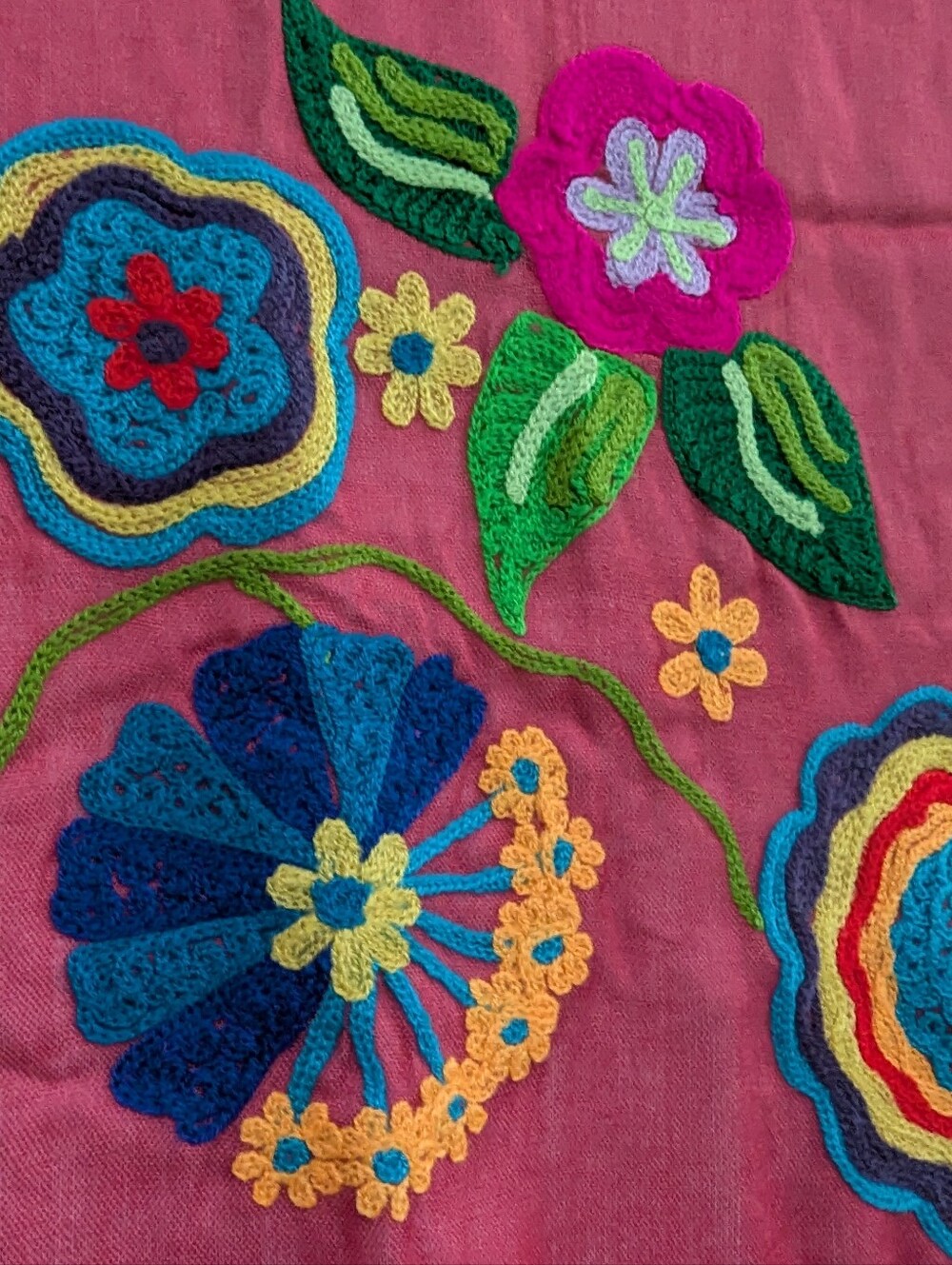 Colorful Embroidered Semi Sheer Scarf Crochet Fringe 19x76 Boho Gypsy - Picture 6 of 10
